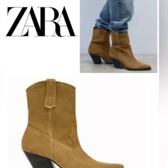 ZARA Cowboy Ankle Boots Suede Brown Leather Size 40 / 9 New - Picture 3 of 8